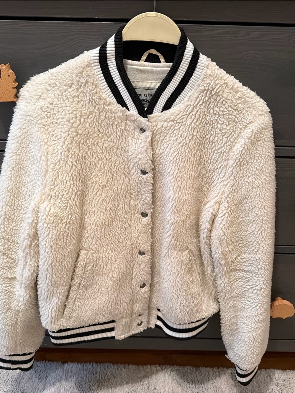 Levi's Cream Teddy Bomber Jacket with Black-Trim Ribbing
